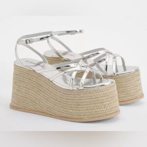 ASOS Metallic Silver Espadrille Wedge Chunky Platform Sandals Size 8